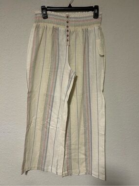 Indigo Rein Pastel Stripped Linen Blend Capri Pants, Wide Leg Smocked Waist